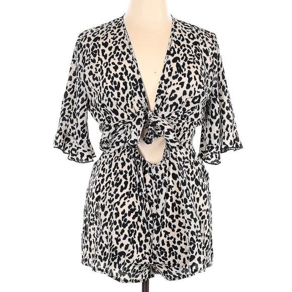 Shein Curves One Piece Halter Romper Shorts Black Beige Cheetah Plus Size 1X EUC - Picture 1 of 2